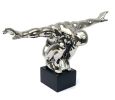 Mirrored Chrome Crouching Diver Sculpture on Black Base