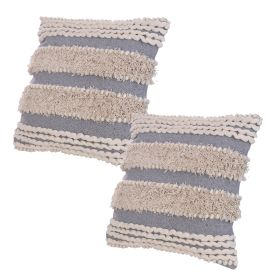 Adiv 18 x 18 Handcrafted Shaggy Cotton Accent Throw Pillows, Woven Yarn, Set of 2, Beige, Gray