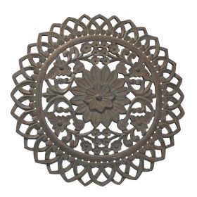 36 Inch Handcarved Wooden Round Wall Art with Floral Carving, Distressed Brown