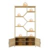 Rattan bookshelf 5 tiers Bookcases Storage Rack with cabinet for Living Room Home Office