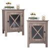 Set of 2 Industrial Nightstand Side Table End Table with X Design Glass Door--vintage wood grain XH